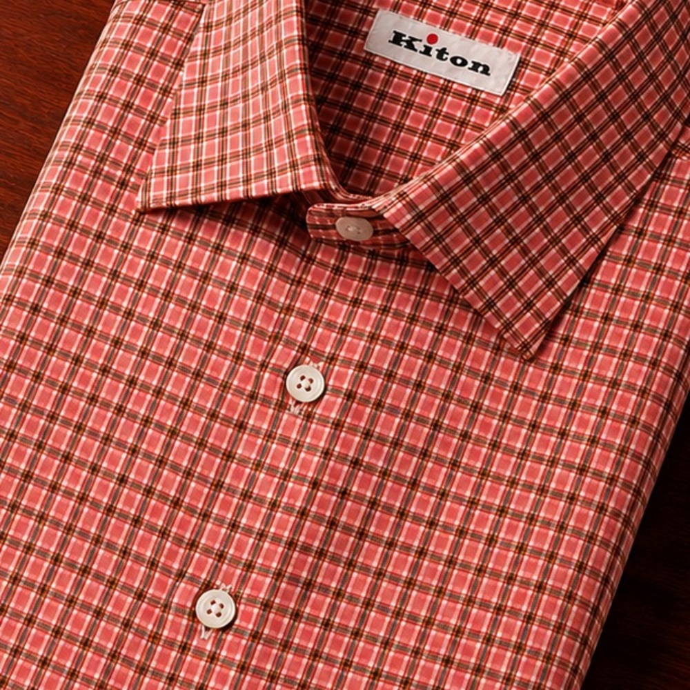 Kiton Pink Coral Tattersall Button-Down Shirt. Italian luxury cotton Sport Shirt